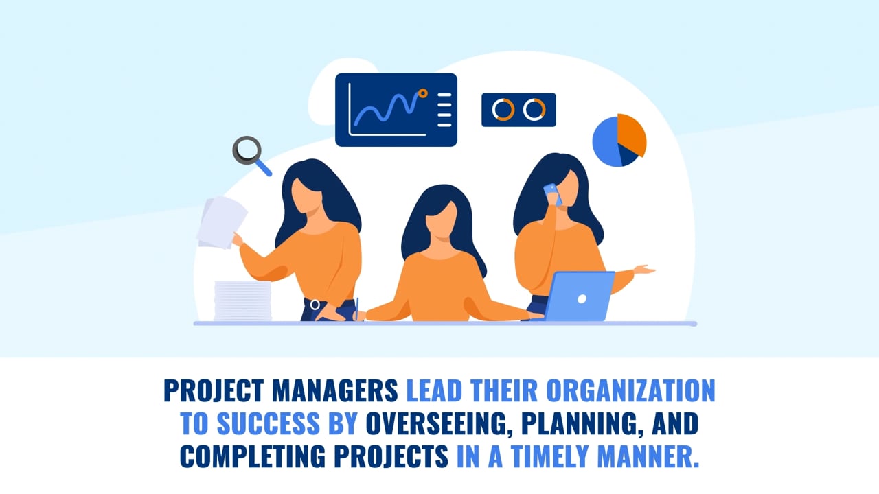 Animated project manager multitasking with documents, laptop, and charts — from the Popular Jobs Explained series