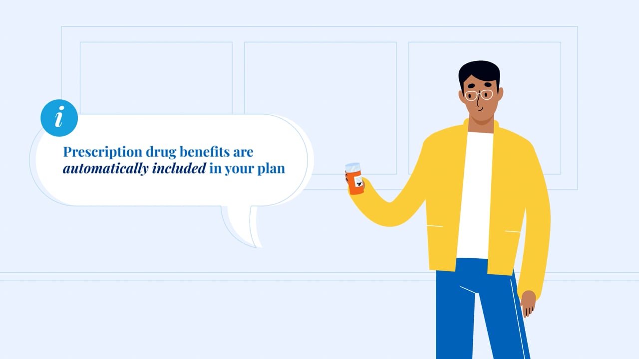 Animated character holding a pill bottle with text: prescription drug benefits are automatically included in your plan