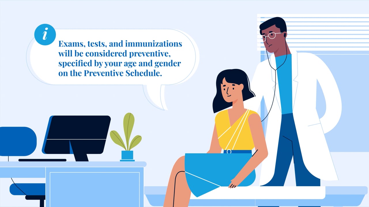 Animated doctor explaining preventive care schedule to a patient — still from a benefits explainer video