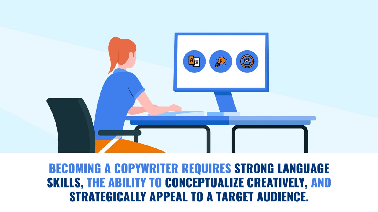 Animated copywriter at a desk with language, creativity, and audience icons on screen