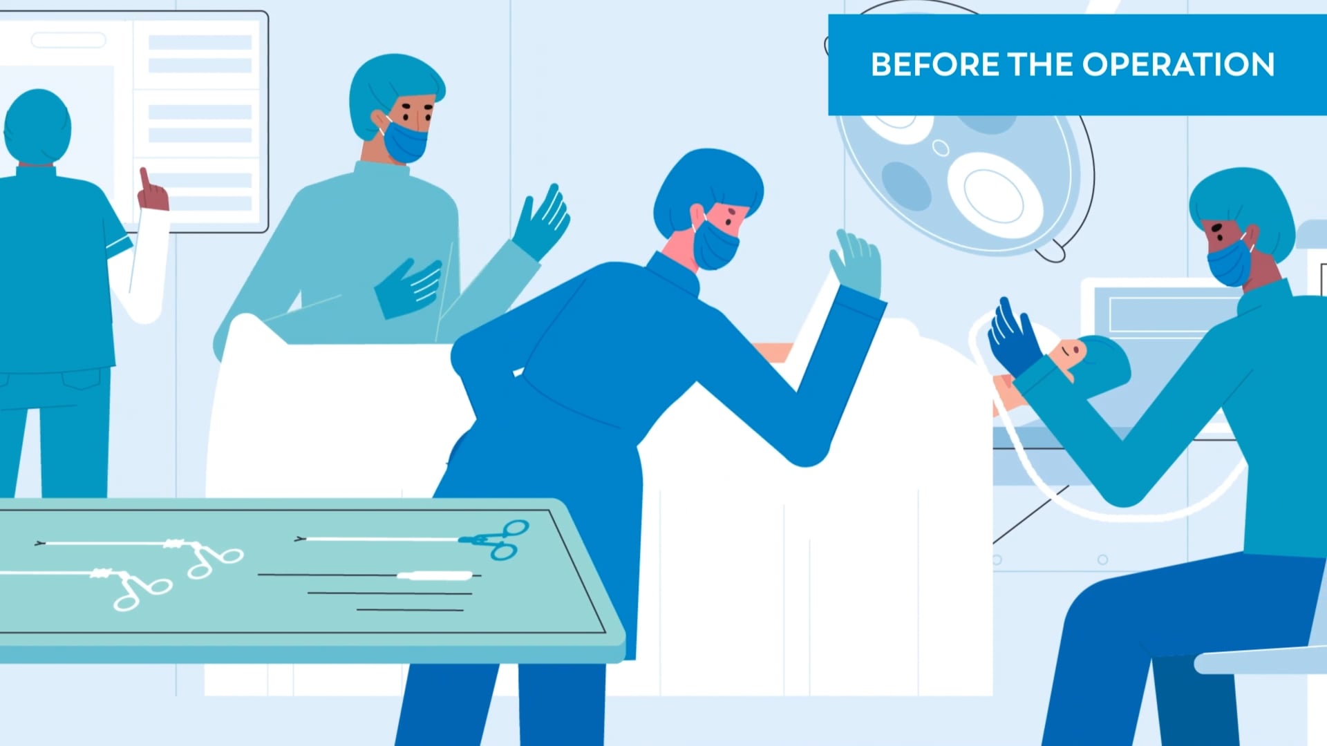 Animated surgical team preparing an OR before an operation — still from Motifmotion's Mayo Clinic career series