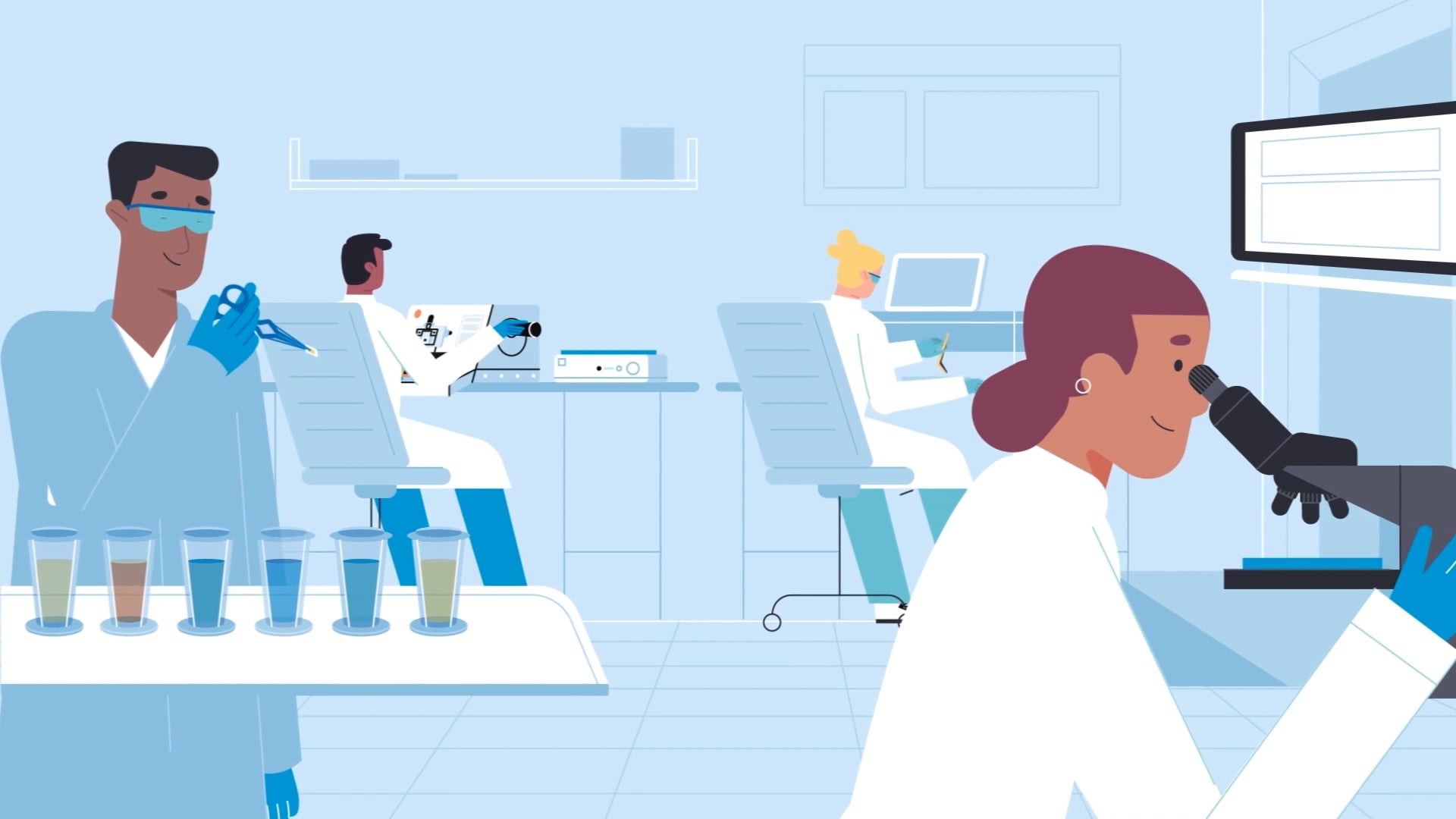 Multiple lab scientists working at different stations — test tubes, a device, a microscope — from a Motifmotion career profile for Mayo Clinic