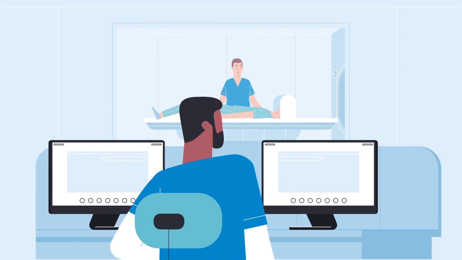 Animated radiologist at dual monitors observing a patient in an MRI suite — Mayo Clinic medical imaging career profile