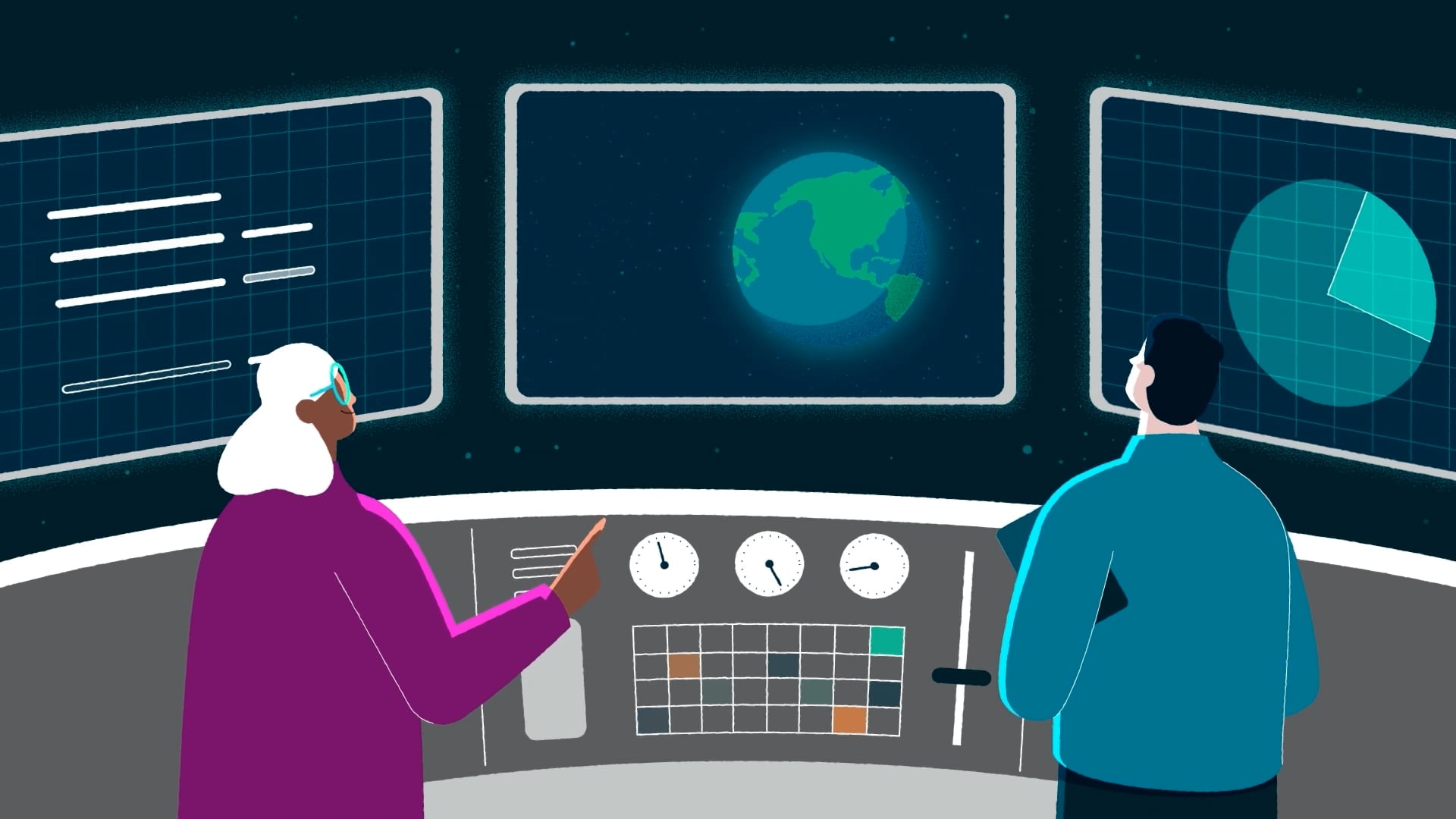 Animated mission control scene with two operators monitoring global satellite data screens