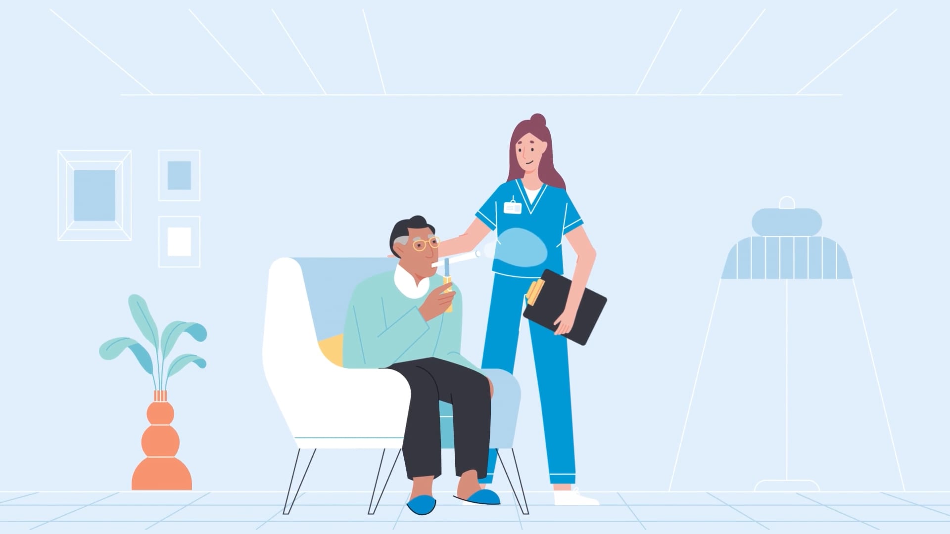 Animated nurse attending to an elderly seated patient in a home care scene, from a Mayo Clinic career profile video