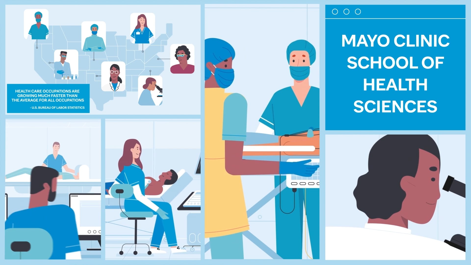 Animated career profile series stills for Mayo Clinic School of Health Sciences showing diverse allied health roles