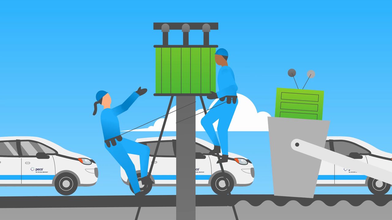 Animated PECO lineworkers servicing a transformer on a utility pole, with branded fleet vehicles nearby