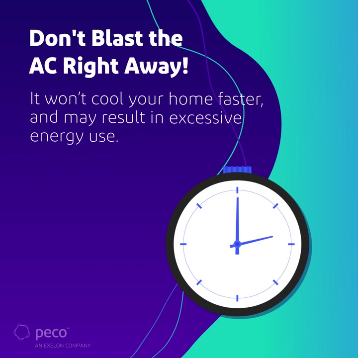 Animated tip card: don't blast AC right away — it won't cool faster and wastes energy
