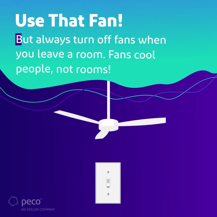 Animated ceiling fan and light switch with tip: turn off fans when you leave a room