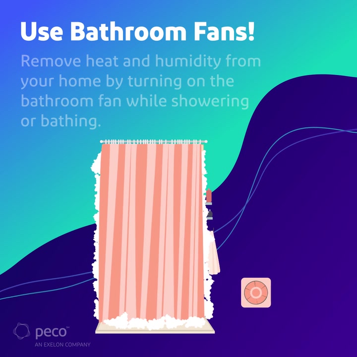 Animated shower curtain and bathroom fan illustration — use fans to reduce heat and humidity