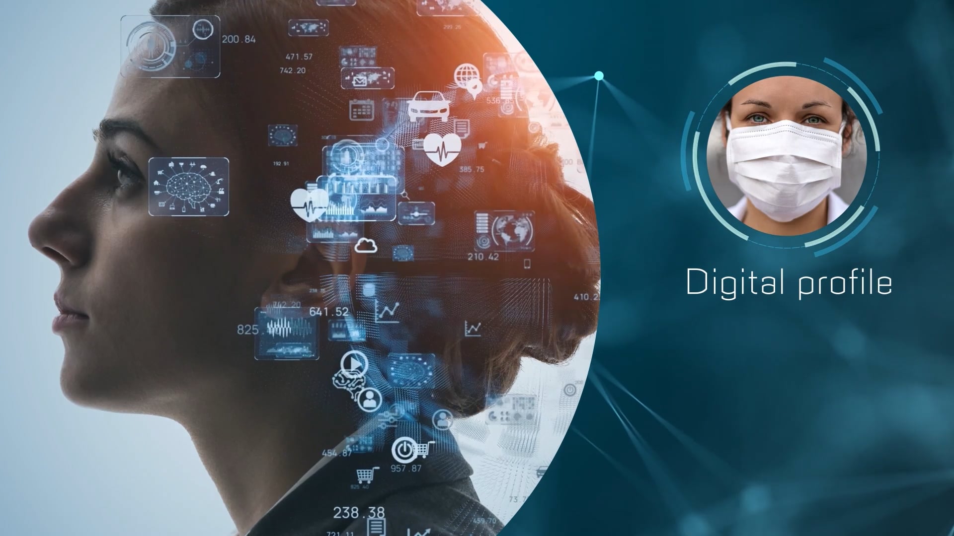 Animated still showing a digital profile concept with AI data overlays and a masked clinician, from Eisai pharma AI integration video series