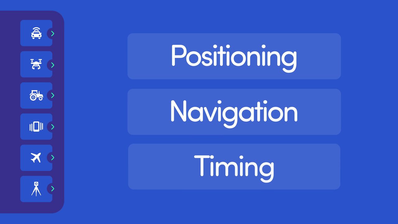 Animated UI showing positioning, navigation, and timing categories for Spirent GNSS product demo