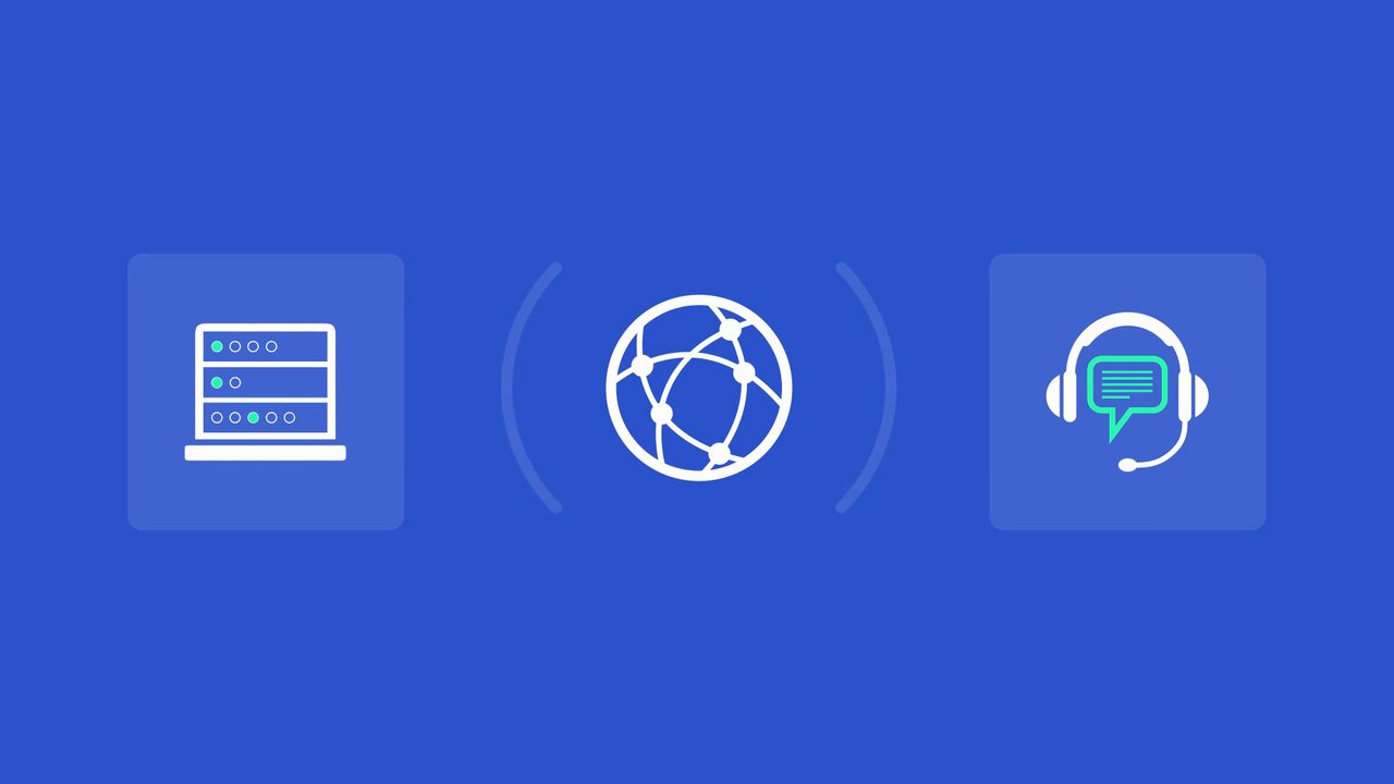 Animated server rack, network globe, and headset icons from a Spirent TestCenter product demo video