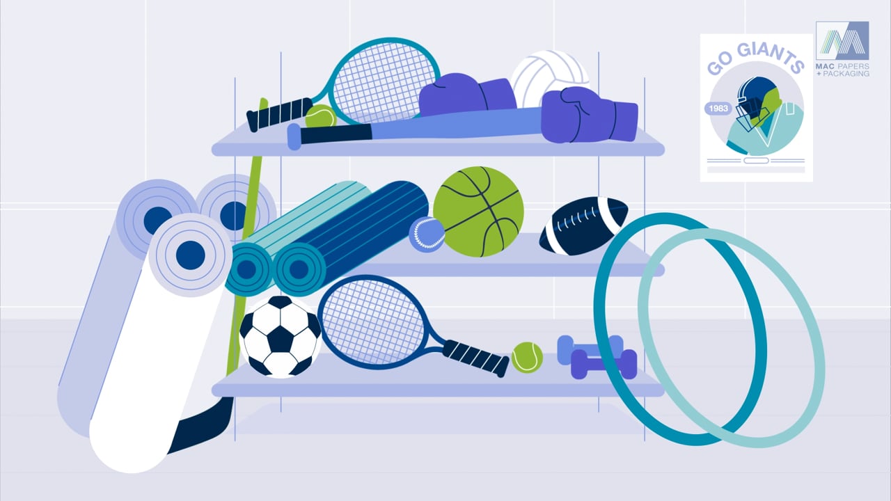 Animated sports equipment shelf scene from a Mac Paper + Packaging wide-format printing case study