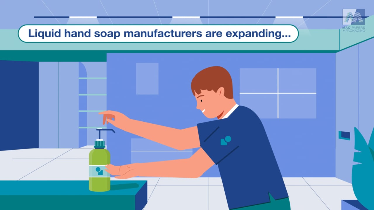 Animated character pumping a liquid soap dispenser, still from a Mac Paper sizzle reel