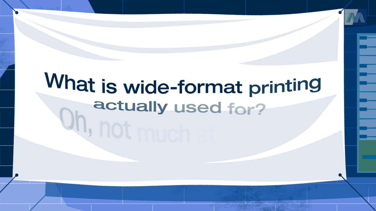 Animated banner asking "What is wide-format printing actually used for?" from a Mac Paper sizzle reel