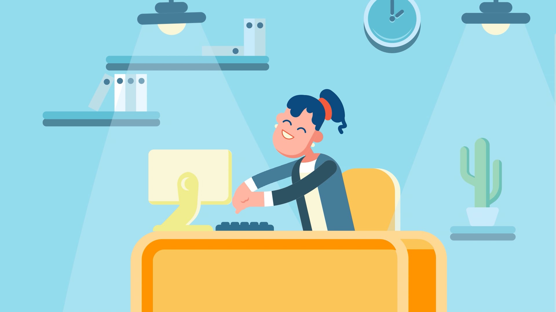 Animated office worker smiling at her desk — still from the Motifmotion mindfulness at work video series