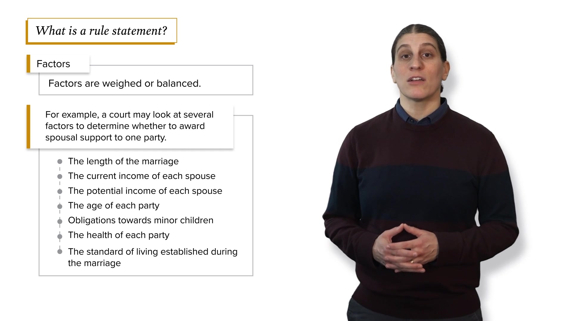 Video still from a Motifmotion law school readiness course lesson on rule statements in IRAC legal writing