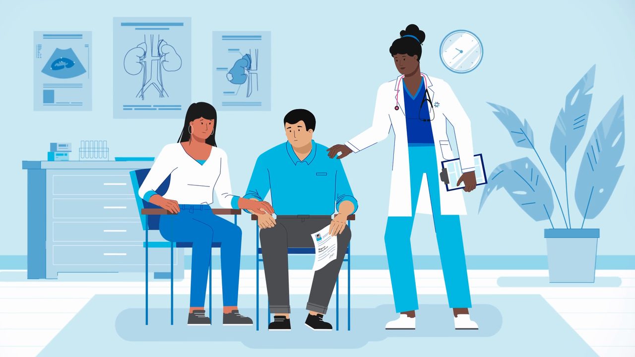 Animated doctor reassuring a patient and caregiver in a kidney clinic — still from a Motifmotion patient education video