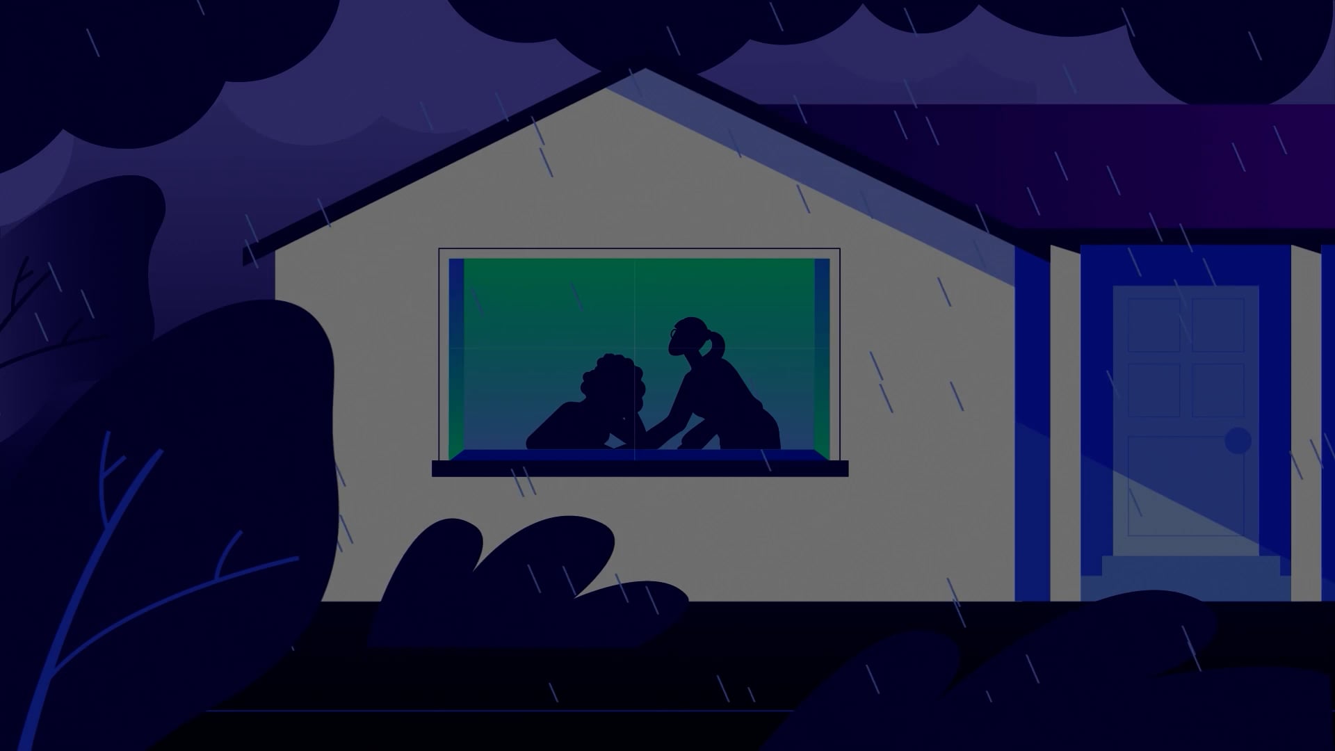 Animated silhouettes of two people inside a rain-battered home, from a PECO outage reporting video