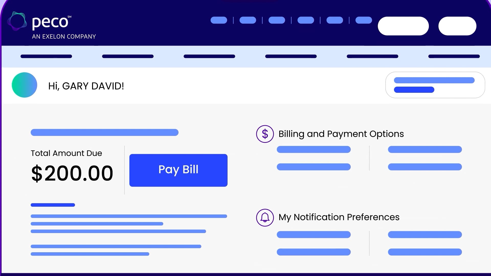 PECO online account dashboard showing a $200 bill due and billing/notification preference options