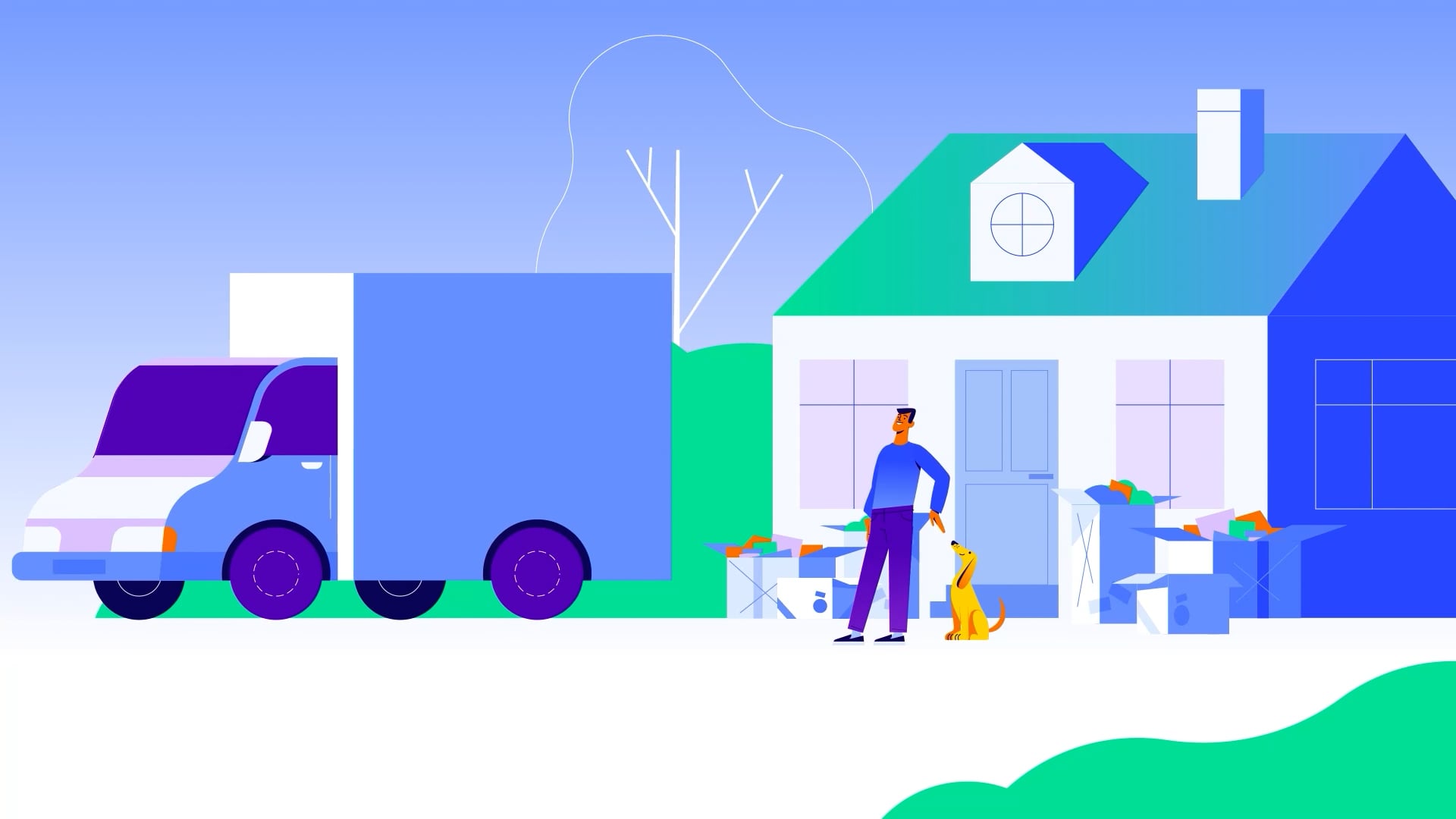 Animated scene of a person moving house with a dog and truck, from a PECO customer self-service video