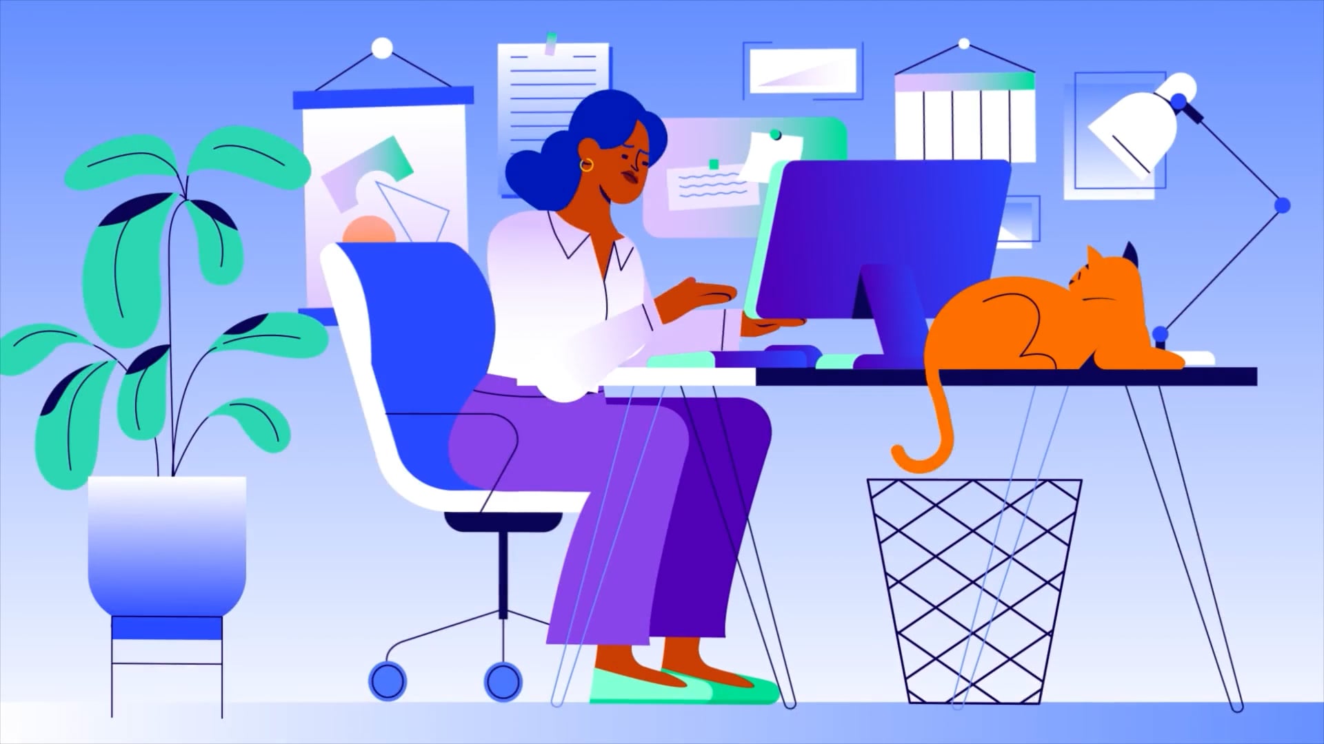Animated woman working at a home desk with a cat — from Motifmotion's PECO eBill and AutoPay video