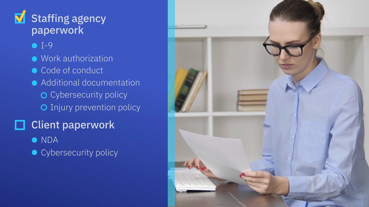 Video still showing staffing agency paperwork checklist beside a woman reviewing documents at a desk
