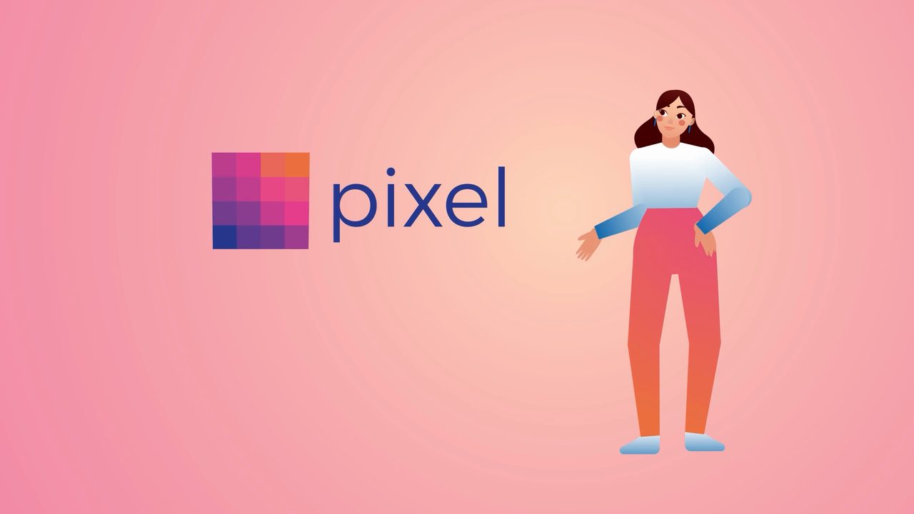 Animated female character gesturing beside the Pixel brand logo in a landing page video