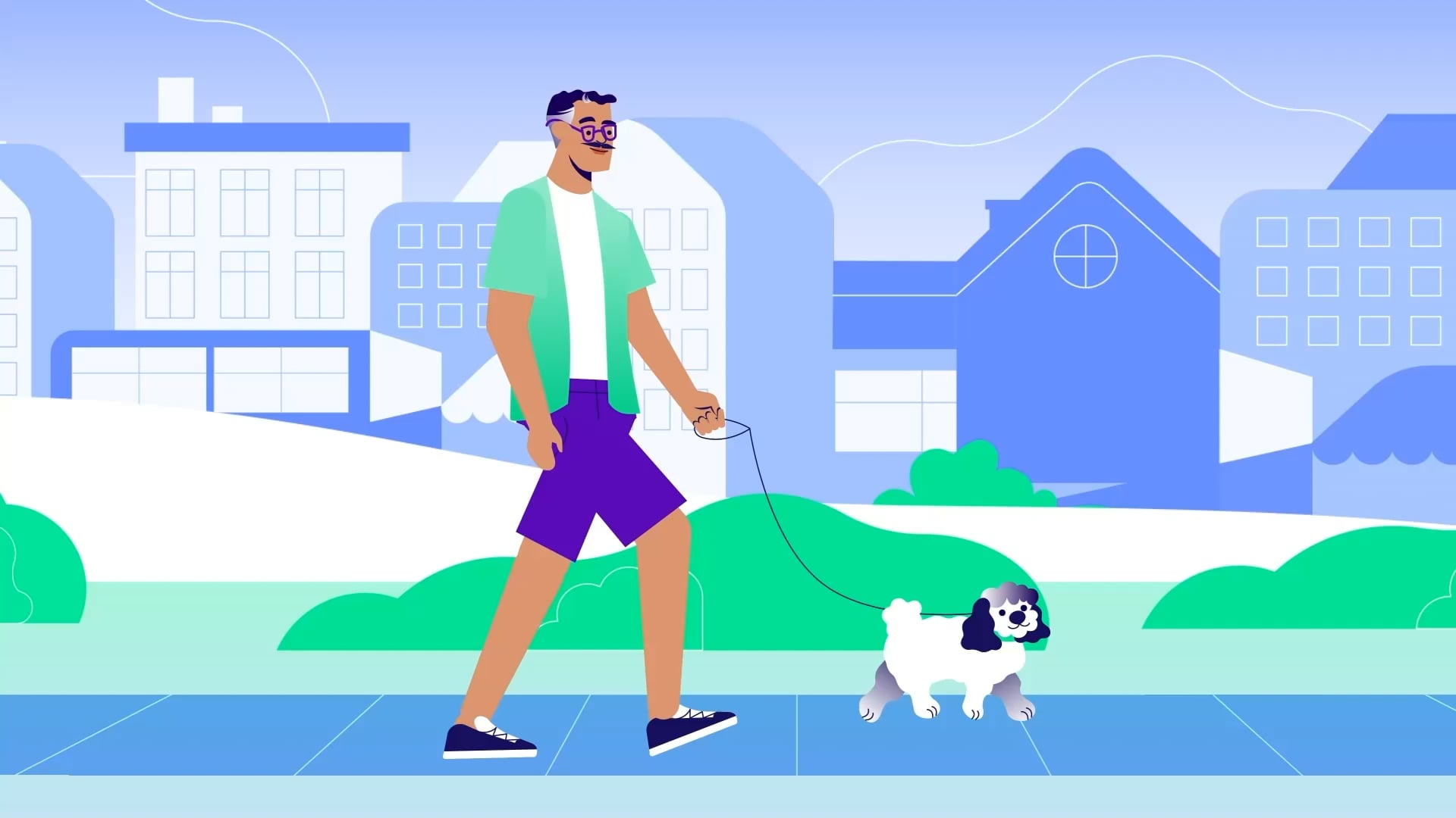 Animated man walking a dog on a city sidewalk, from a PECO customer scam-awareness video