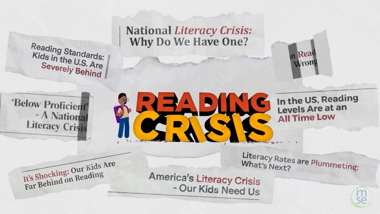 Animated collage of news headlines about America's reading crisis, from Motifmotion's IMSE explainer video