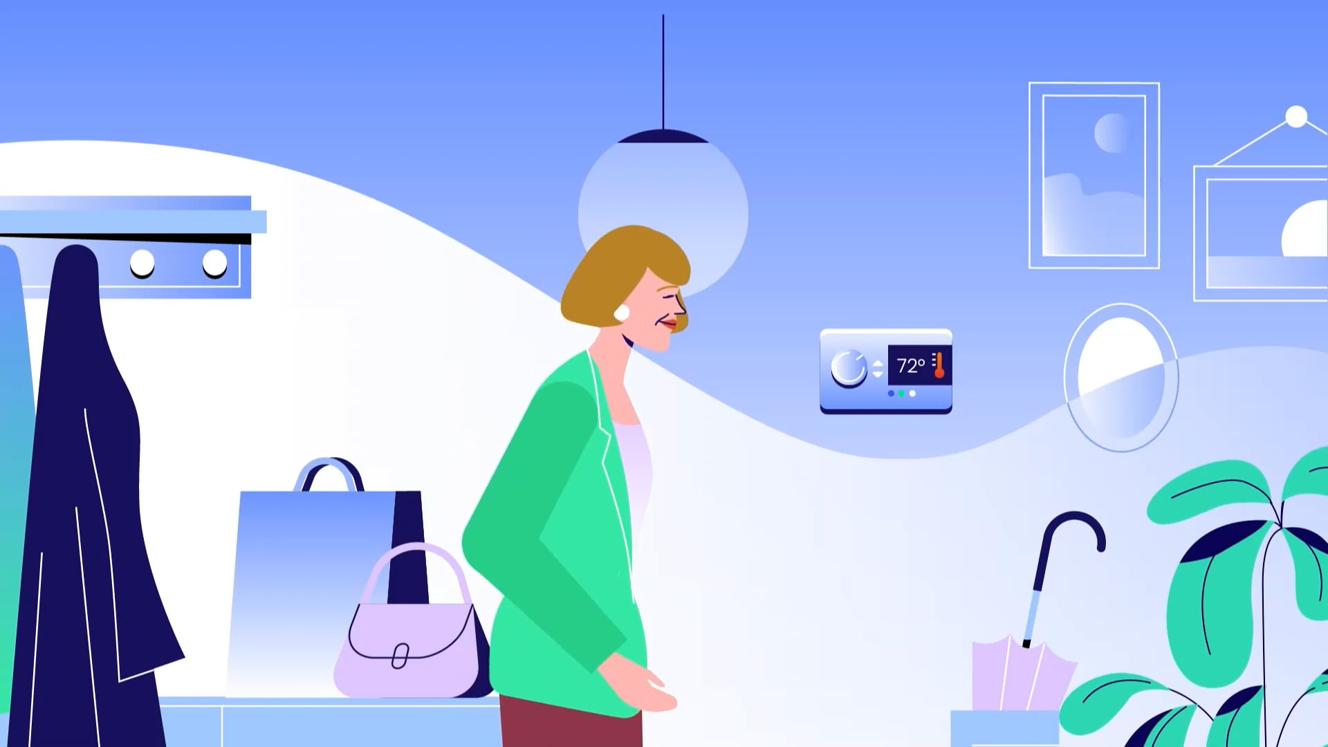 Animated woman in entryway with smart thermostat showing 72°F — PECO energy supplier choice video