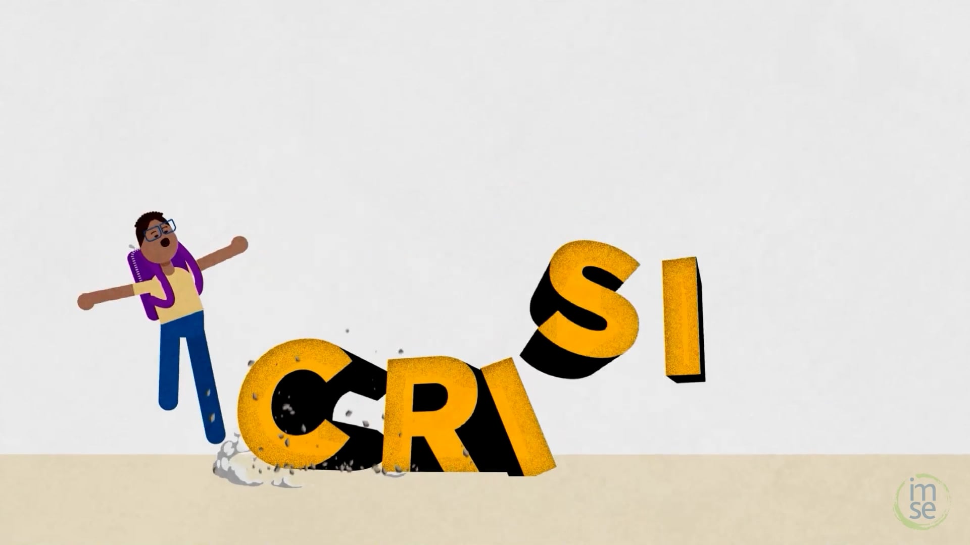 Animated character knocked back by giant crumbling letters spelling "CRISIS" — from IMSE's reading crisis ad mini-series