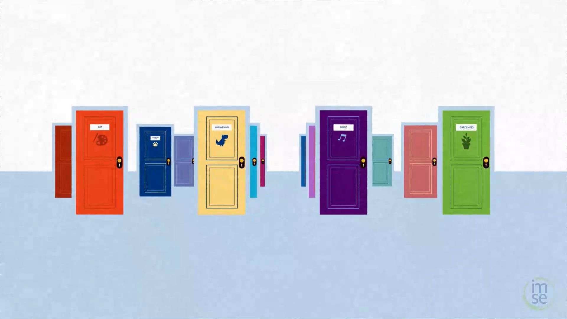 Animated colorful doors labeled Art, Music, Gardening and more — symbolizing every child's path to learning