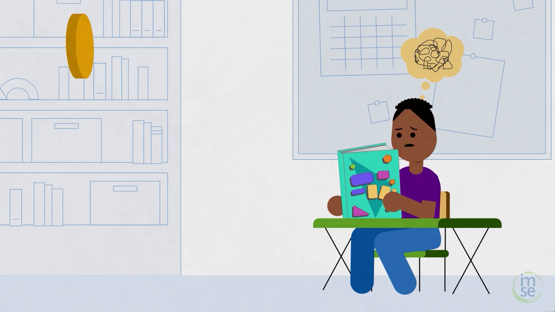 Animated student struggling to read at a desk, with a tangled thought bubble — IMSE reading crisis ad