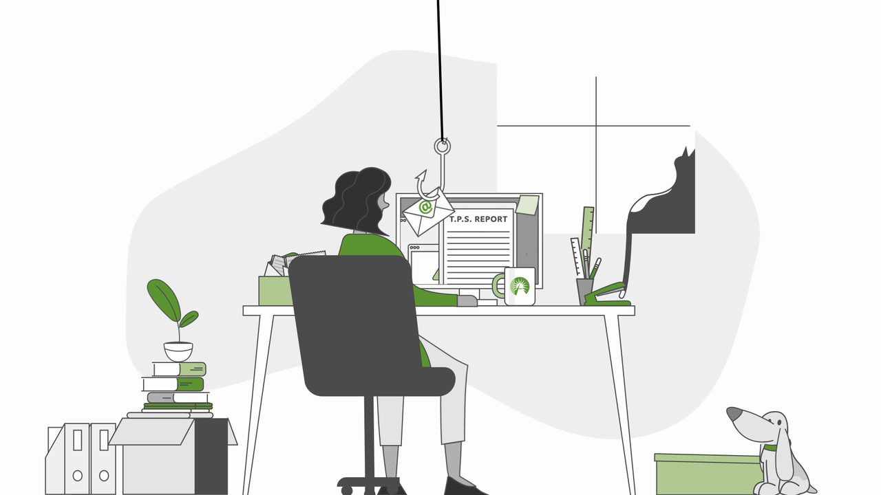 Animated office worker targeted by a phishing hook over her desk in a Fidelity cybersecurity training video