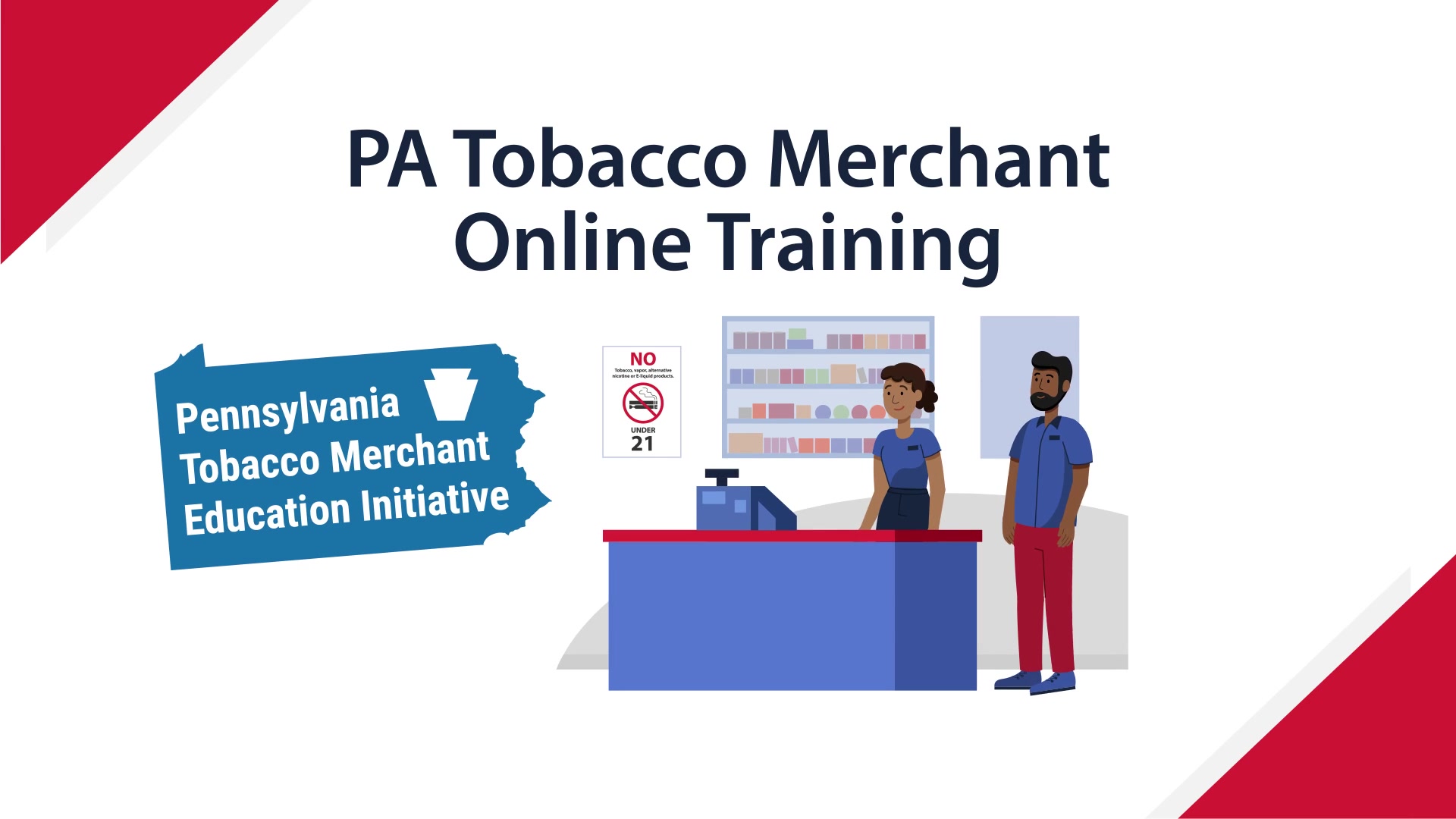 Title card for PA Tobacco Merchant Online Training showing animated retail clerks at a checkout counter