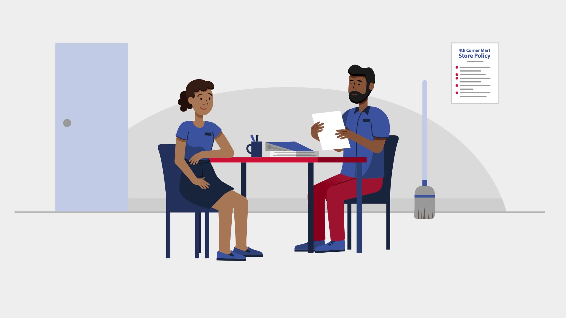 Animated store manager reviewing tobacco sales policy with an employee at a table