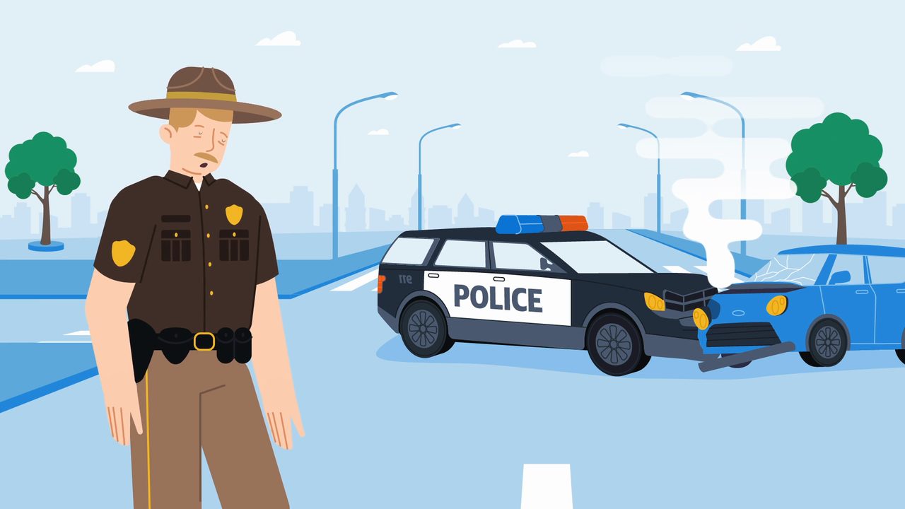 Animated officer at a vehicle collision scene from a law enforcement roadway safety video