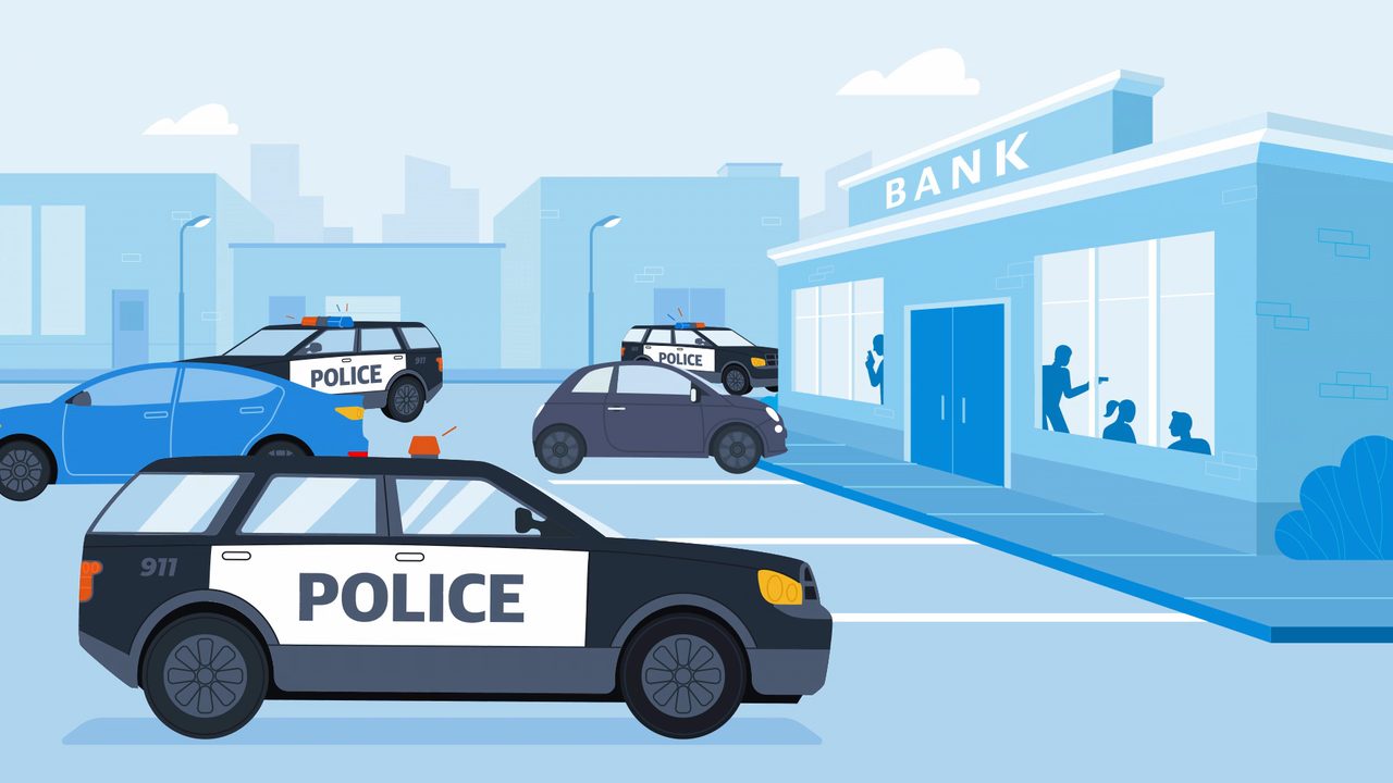 Animated police vehicles responding to a bank scene — still from a law enforcement roadway safety video