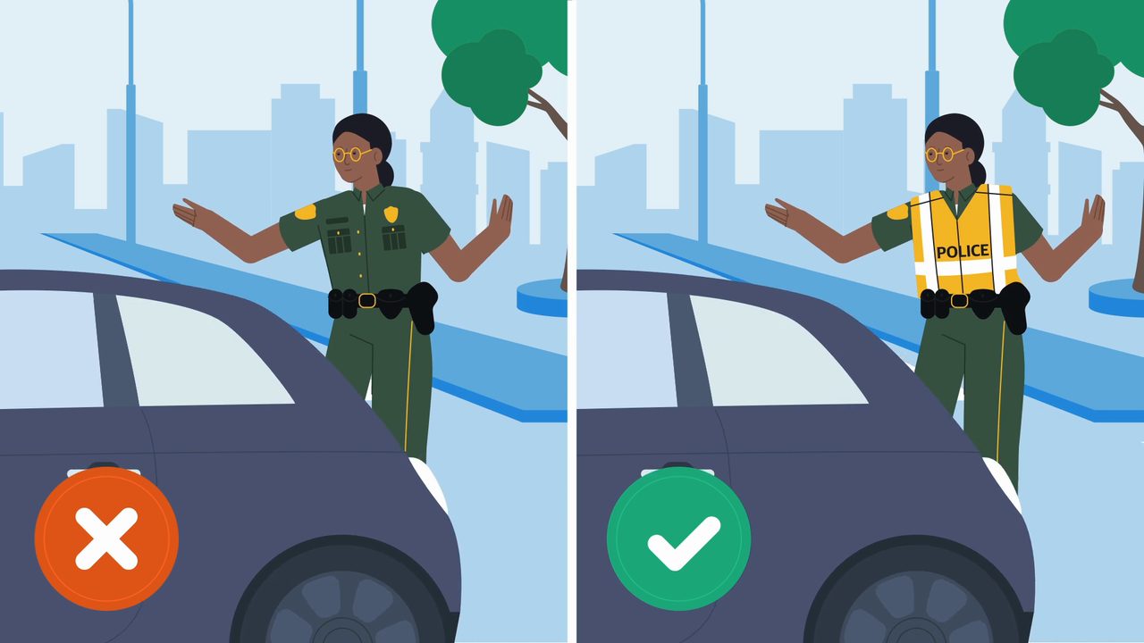 Animated split-panel showing a police officer without (✗) and with (✓) a hi-vis vest — a roadway safety do/don't