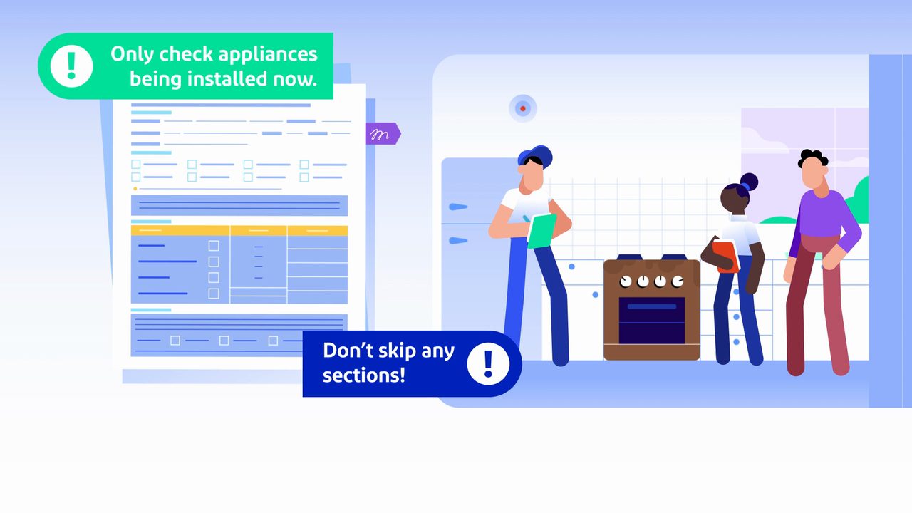 Animated scene of a technician reviewing an appliance checklist with homeowners during a BGE gas installation