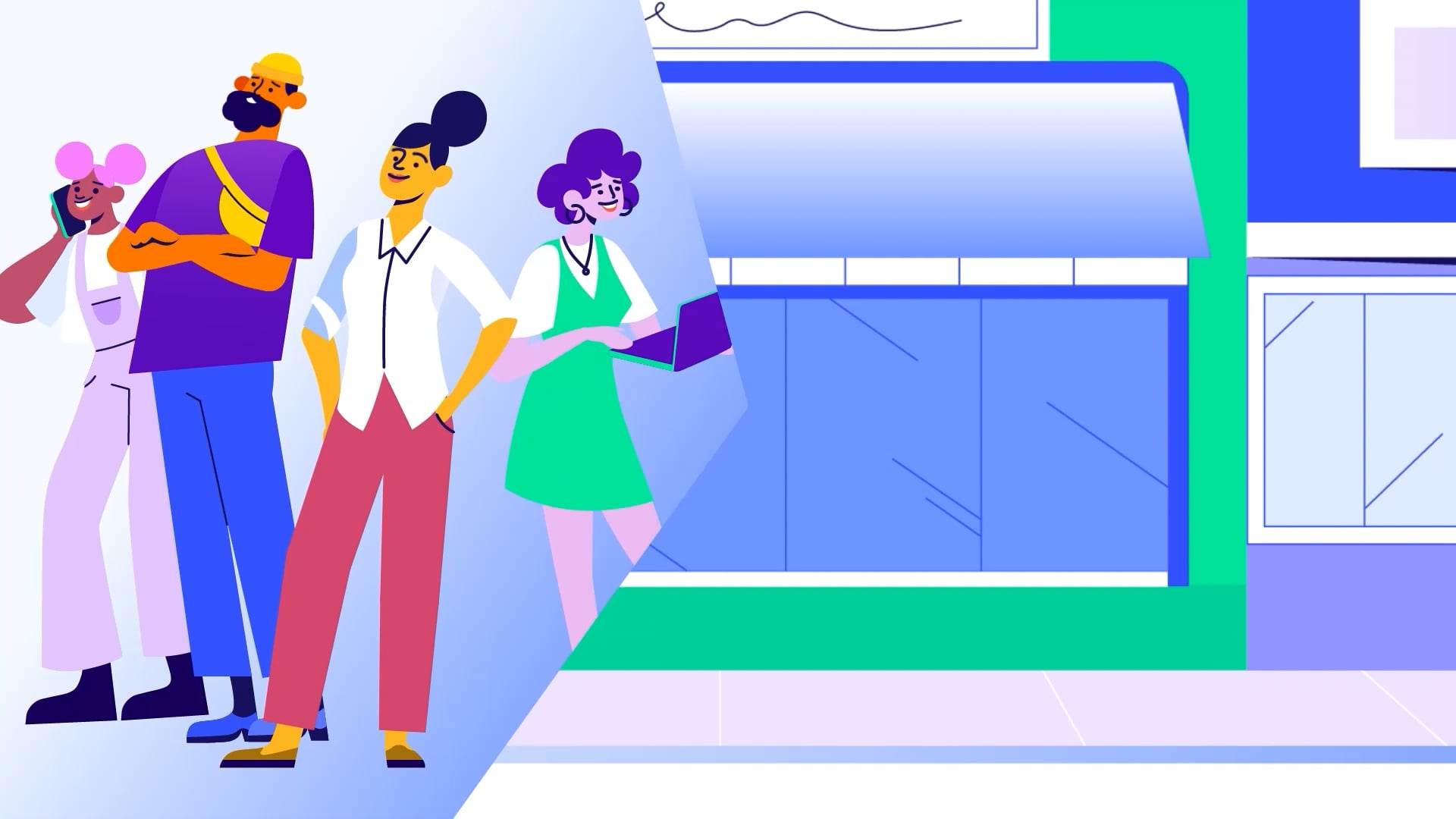 Animated scene of a green-aproned employee greeting customers at a commercial EV charging station