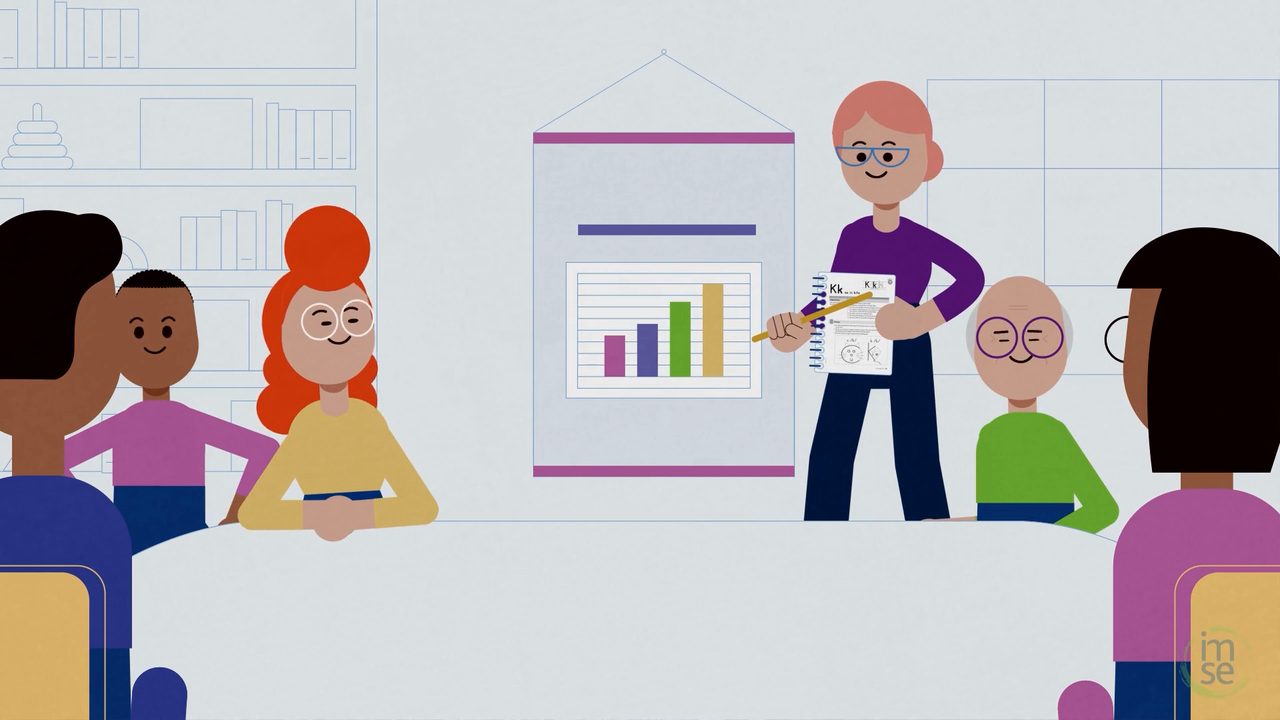 Animated teacher presenting phonics data to students in a classroom scene from IMSE's structured literacy brand film