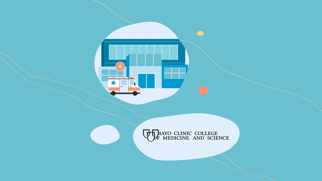 Animated hospital and ambulance scene from a Mayo Clinic College YouTube pre-roll ad by Motifmotion