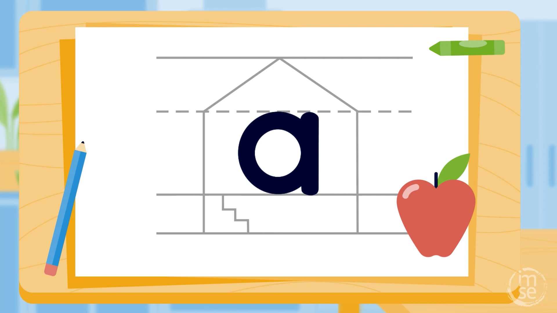 Animated four-line house frame showing lowercase 'a' for IMSE structured literacy alphabet series