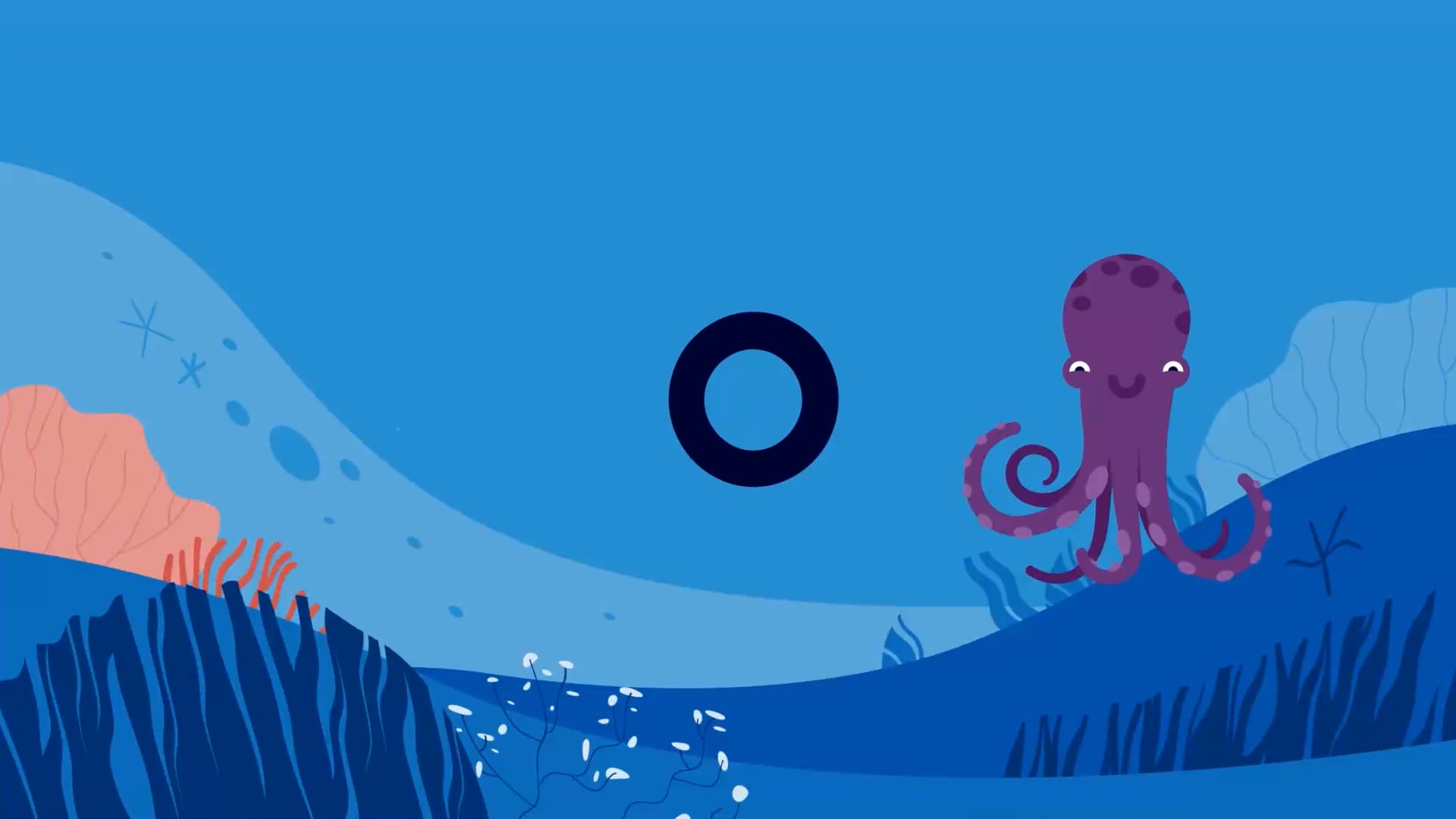 Animated underwater scene with a cartoon octopus beside the letter O for a structured literacy video