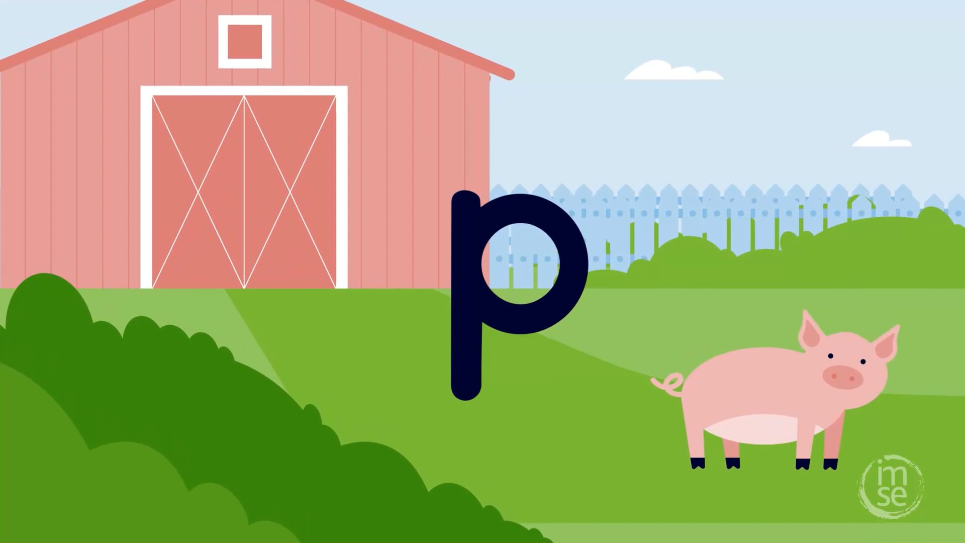 Animated lowercase "p" with a cartoon pig and red barn — IMSE structured literacy alphabet series