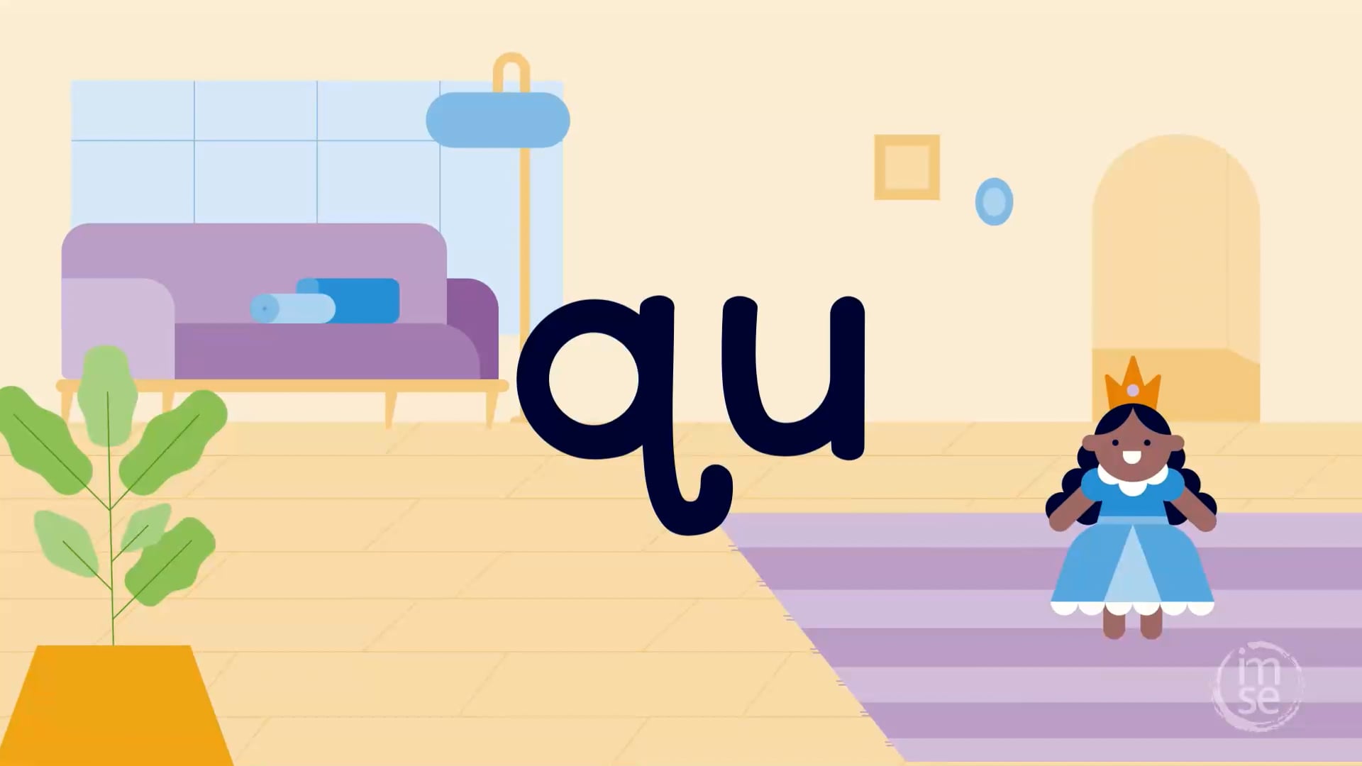 Animated QU letter-formation scene with a queen character, from IMSE's structured literacy alphabet series