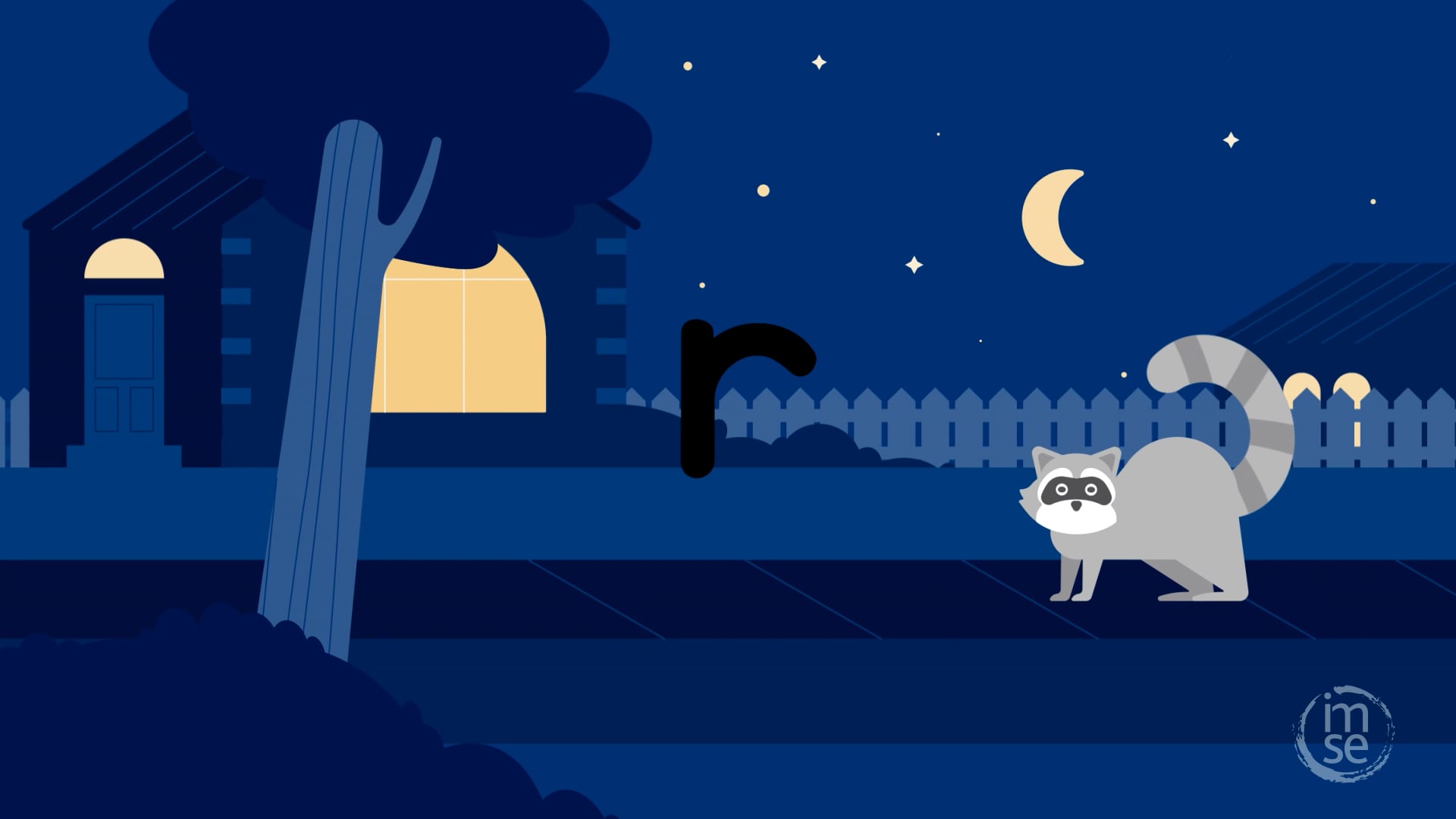 Animated raccoon beside lowercase 'r' in a night scene, from IMSE's structured literacy alphabet series
